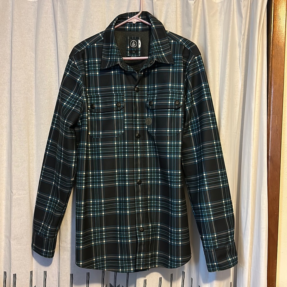 VOLCOM MEN'S AUSTIN FLANNEL SHIRT LONG SLEEVE DWR sz M BLACK, BLUE, G2851301
